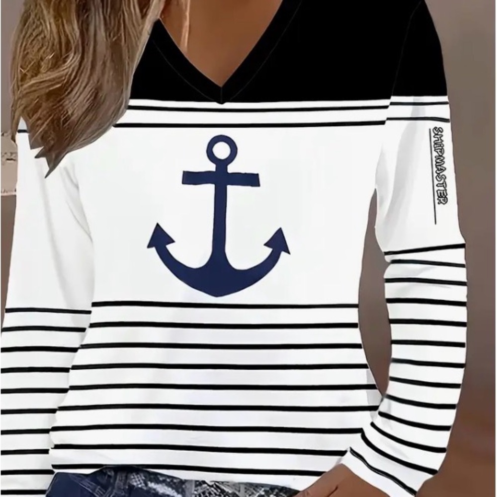 Hand Crafted Navy & White Striped Anchor V-Neck Long Sleeve Top